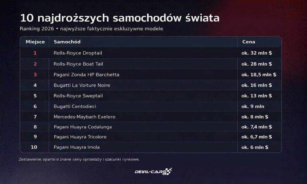 Top 10 najdroższych samochod&oacute;w świata - pełne zestawienie