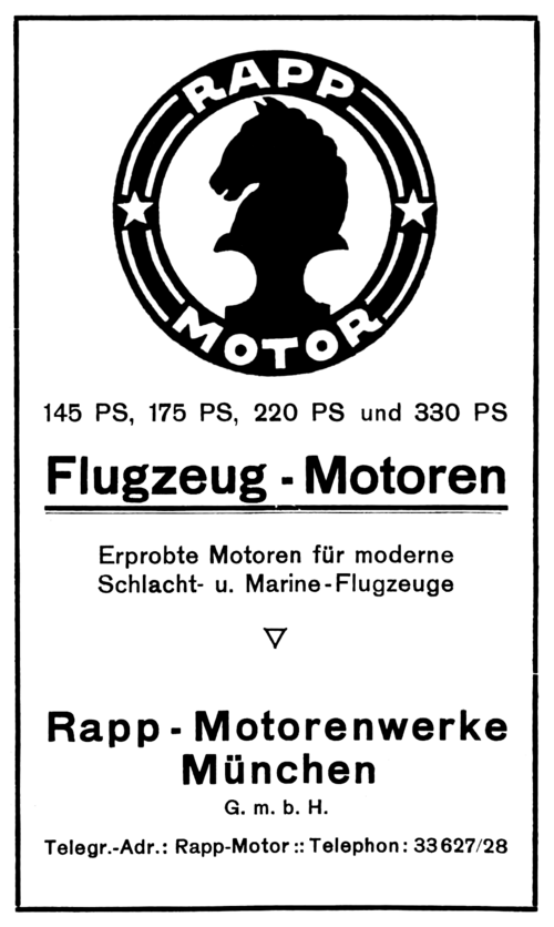 Logo Rapp-Motorenwerke z głową konia na reklamie z 1916 roku